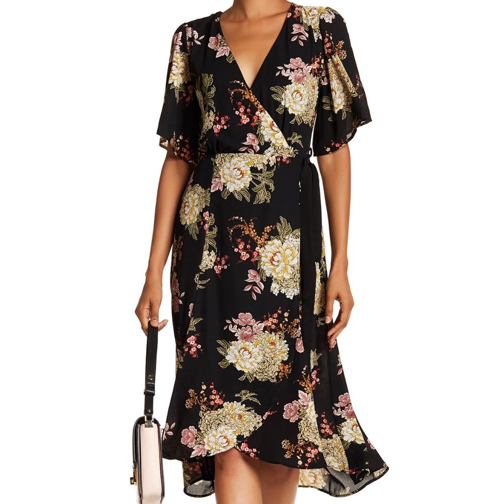 Bobeau Floral Midi Wrap Dress Petite Medium